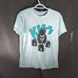 Kiss Faces White and Pale Mint Green Tie Dye Graphic Band Tee VG- S